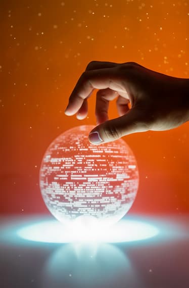 Hand reaching toward a glowing digital sphere, Ritz Media World Hand reaching toward a glowing digital sphere, Ritz Media World